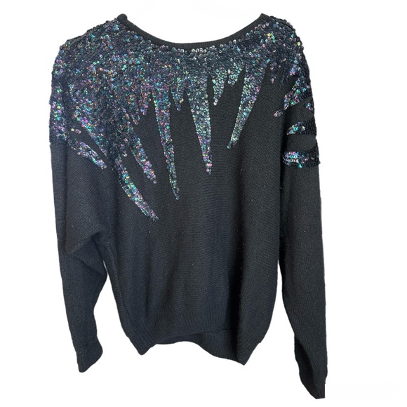 Vintage De Rotchild Black Sequin Sweater|1980s Iridescent Icicle Design Sz Large - Picture 3 of 6